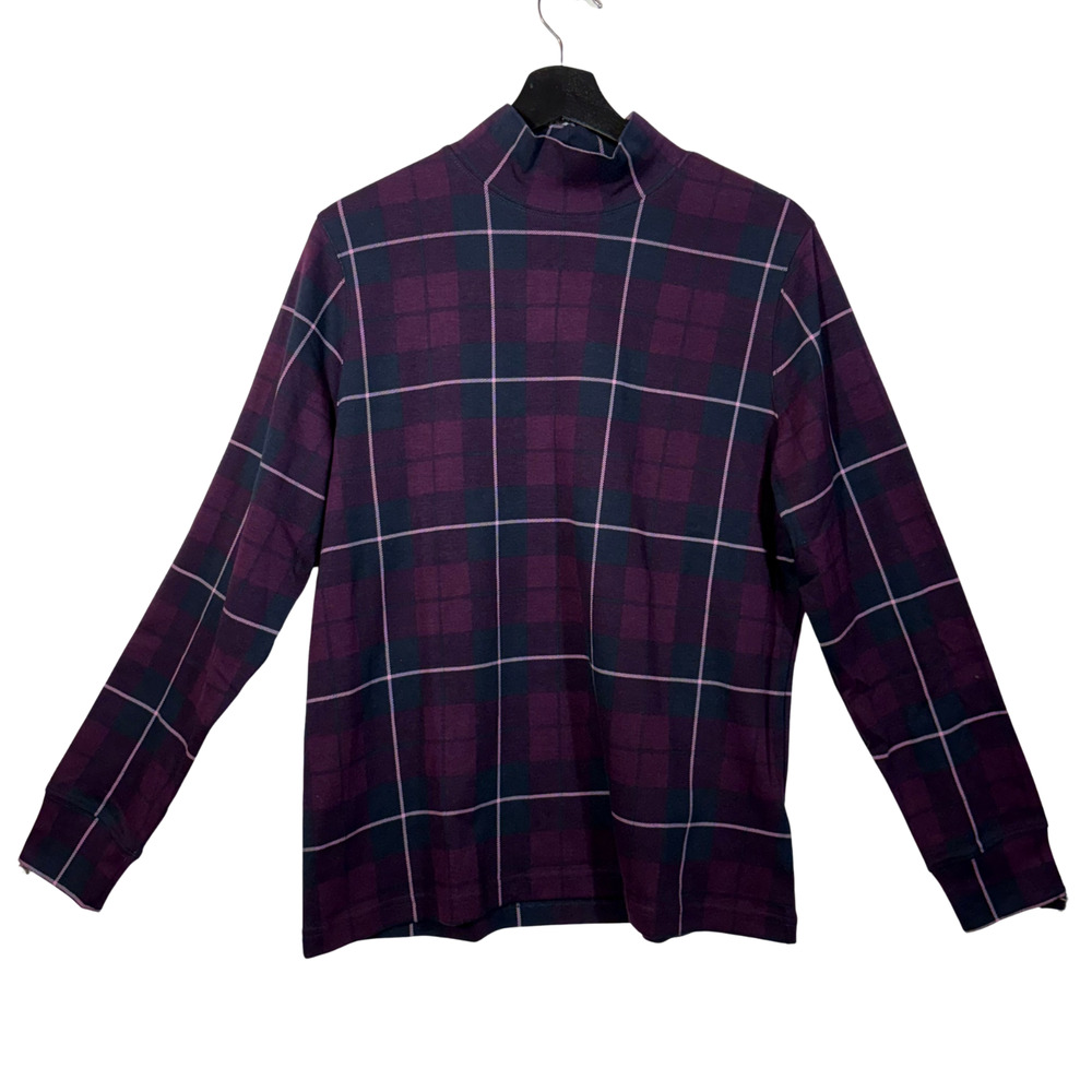 Lands End Purple Plaid Shirt Mock Neck 100% Cotton Navy Blue Pink Medium